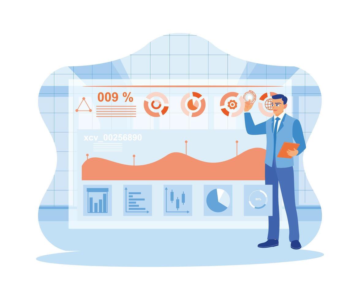 Businessman standing in front of the virtual screen. The graphical interface shows sales reports, profit graphs, and stock market analysis, business intelligence technology and big data concept. vector