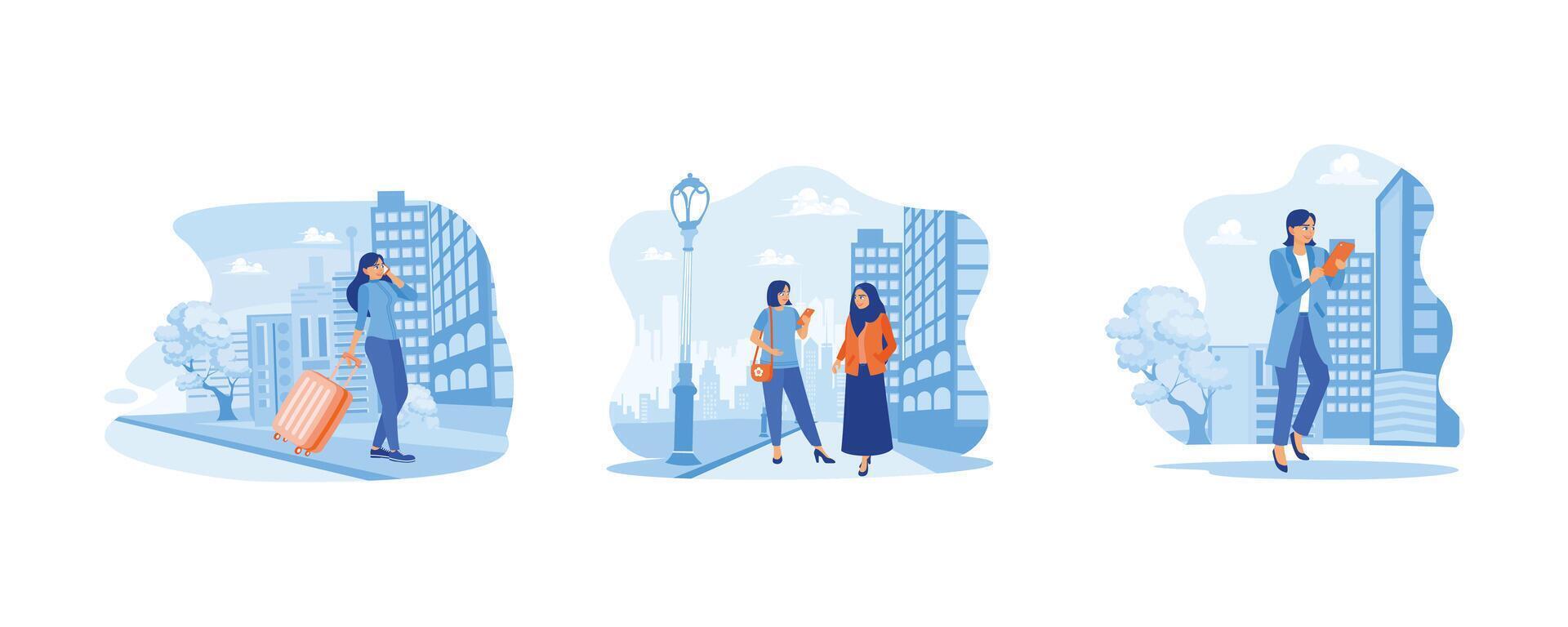 Happy calm peaceful girl volunteer concept. Ready for a business trip. A woman in a hijab is walking with her female friend. set flat vector modern illustration