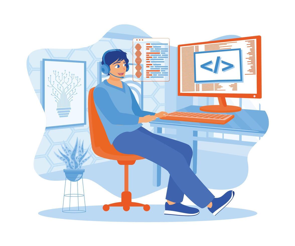 A male programmer uses headphones and a microphone in front of the computer. Developing software while working at home. Software developers concept. Flat vector illustration.