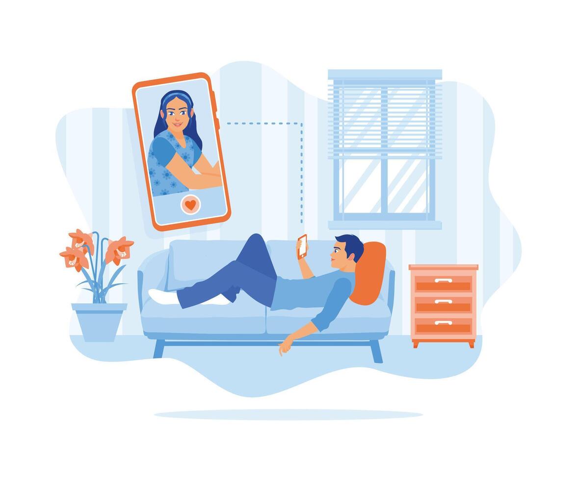 A man lying on the sofa in the living room finds a profile of a beautiful girl. Social media dating app. Online Dating concept. Flat vector illustration.