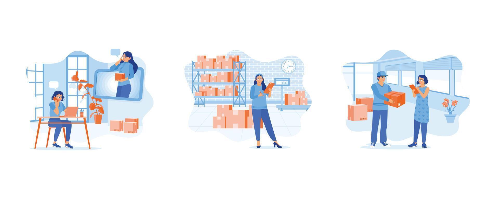 Young woman shopping online from home. The businesswoman is checking merchandise in the warehouse. Woman checking and signing the delivery form. set flat vector modern illustration