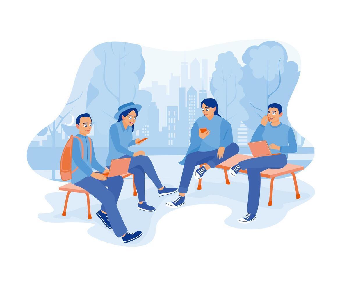 A group of students sitting relaxed in the city park. Using laptops and cell phones to study together. Team of people sitting at desks with laptops concept. Flat vector illustration.