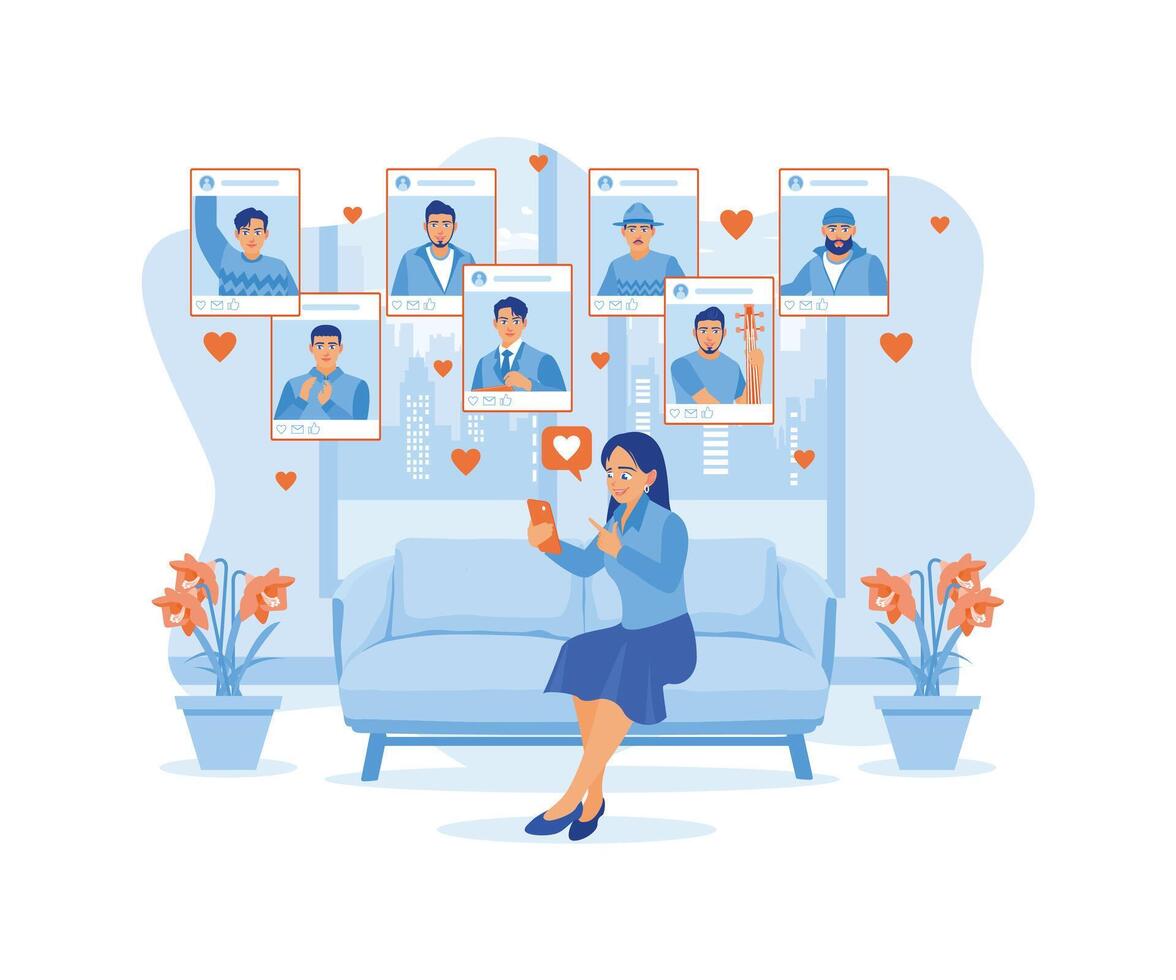 Woman sitting on the sofa at home visiting an online dating site and selecting a man's photo via smartphone. Online Dating concept. Flat vector illustration.
