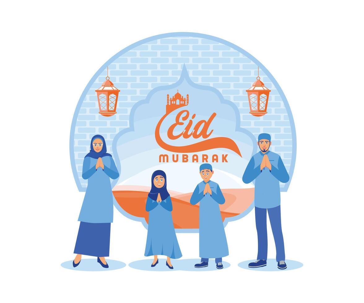 un alegre musulmán familia celebra eid Alabama fitr juntos. contento eid Mubarak concepto. plano vector moderno ilustración