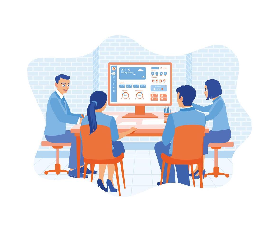 A team of IT experts is sitting in front of computers. Develop UI and UX designs for mobile applications. APP device concept. flat vector modern illustration