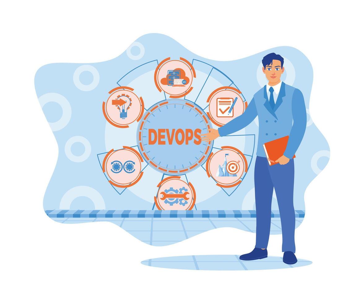 A young businessman is standing while holding a notebook. Software construction automation development cycle on virtual screen. APP devs concept. Flat vector illustration.