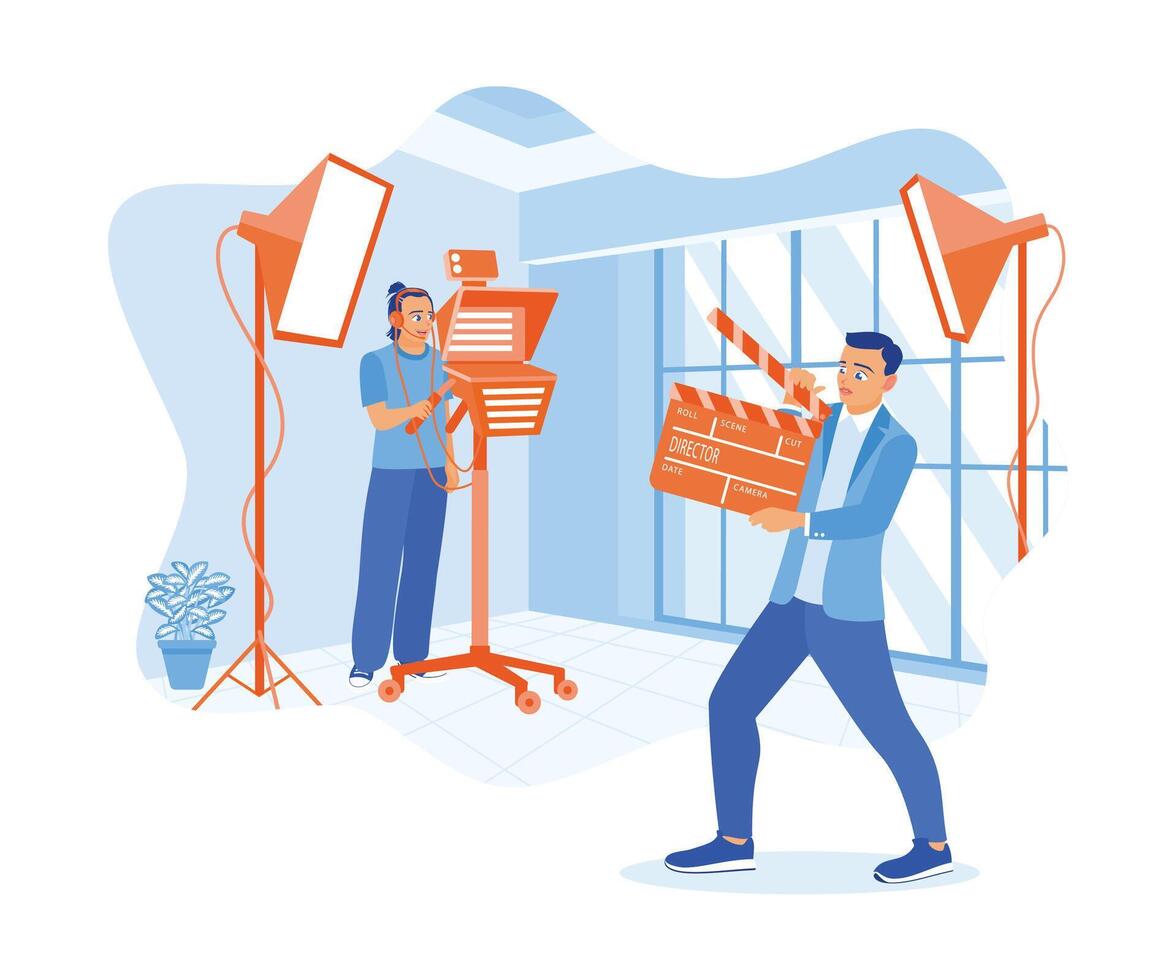 Behind the scenes of the filmmaking process. A cameraman and a man holding a clapper are standing inside the studio. Film Production Concept. Flat vector illustration.