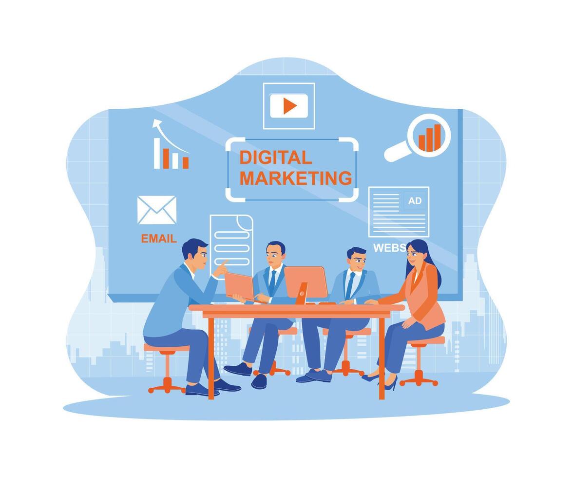 Diverse business people holding meetings in the presentation room. Planning digital marketing. Digital marketing media concept.  trend flat vector modern illustration