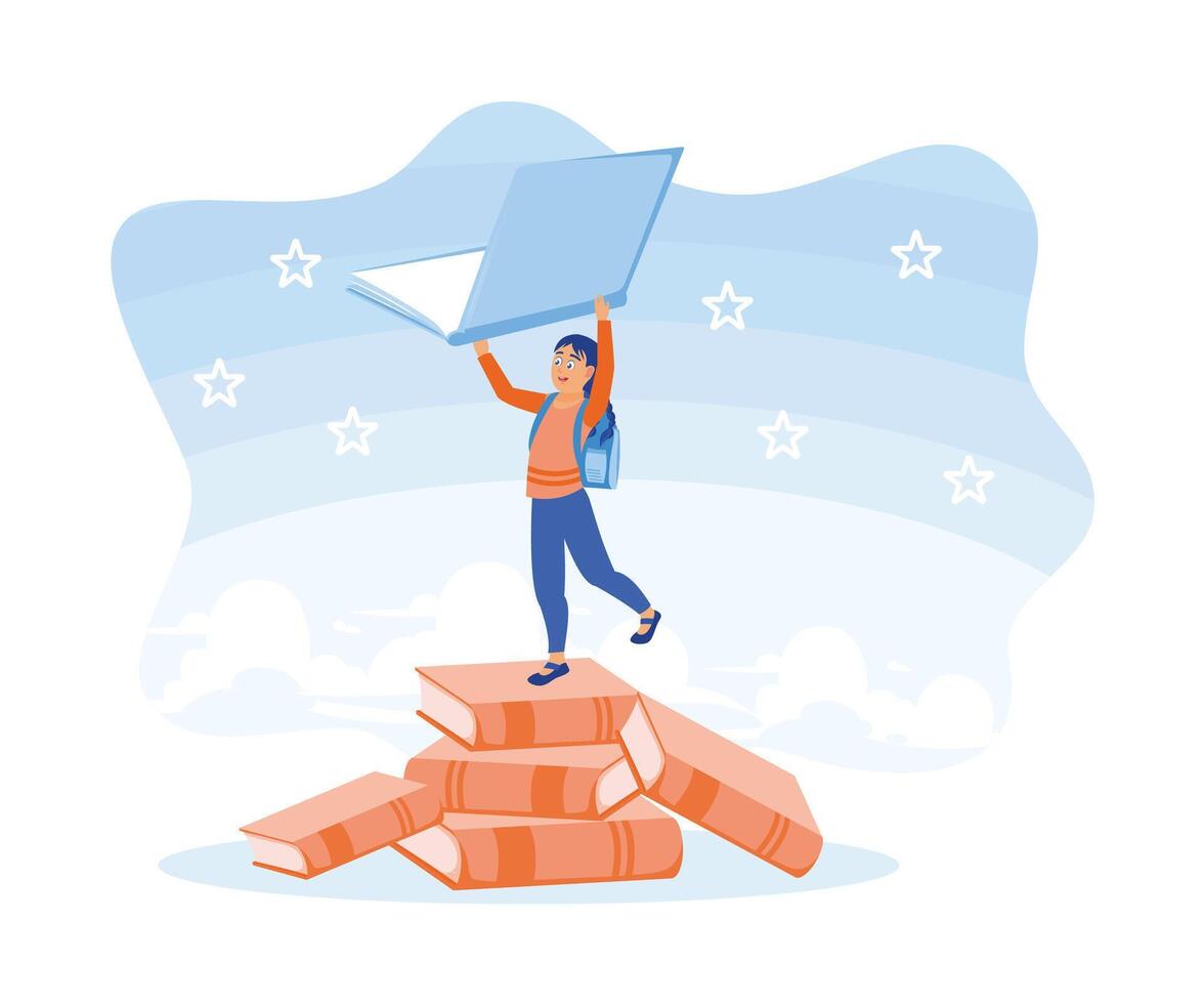 Cheerful girl standing on a pile of books. Bring an open book to read. Education concept. Flat vector illustration.