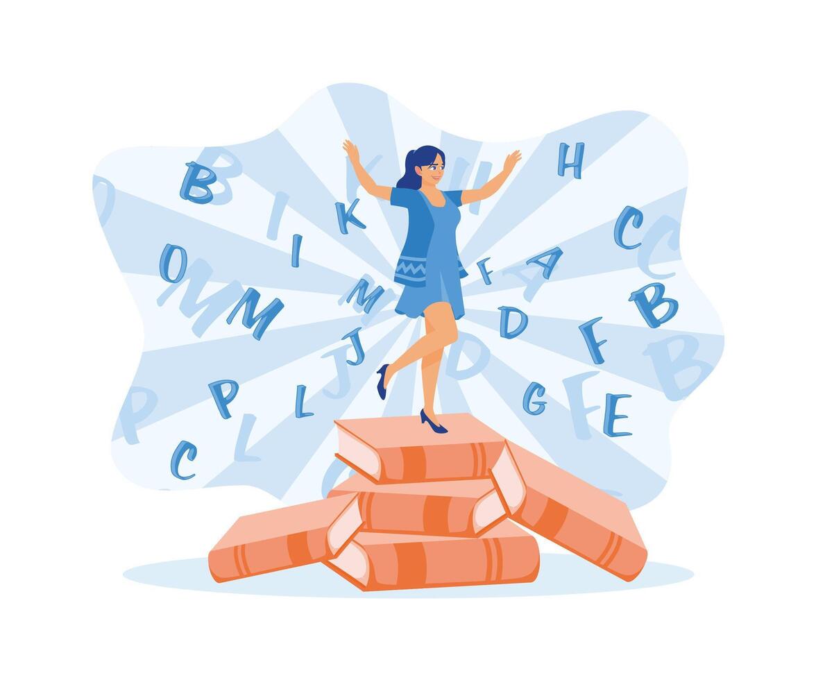 A cheerful girl in a blue dress is standing on a pile of books. Alphabet letters fly in the background. Self-improvement concept. Flat vector illustration.