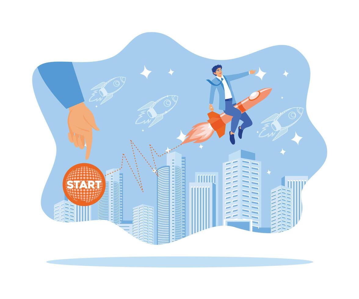 Hand pressing the start button. Boss man rides a rocket that glides over the cityscape. Rocket is launching the boost concept. flat vector modern illustration