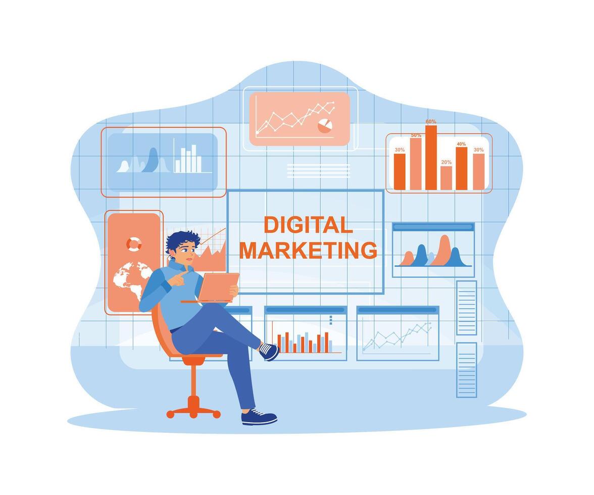 Man sitting on a chair holding a laptop. Make a plan to improve digital marketing. Digital marketing media concept. trend flat vector modern illustration