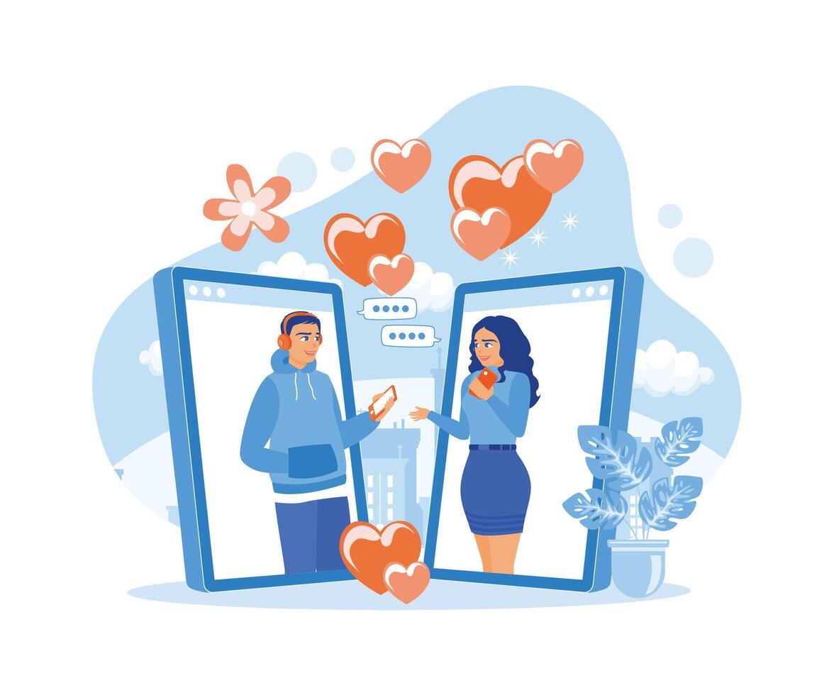 A couple celebrates Valentine's Day online. Couple making video calls via smartphone. Virtual Relationships concept. Flat vector illustration.