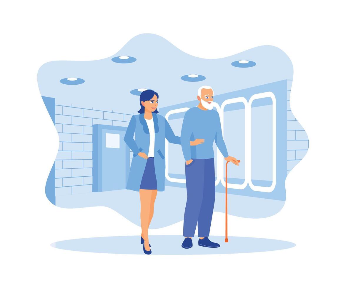 Female doctor with male elderly patient practicing walking using a cane in a nursing home. Elderly Patient concept. Flat vector illustration.