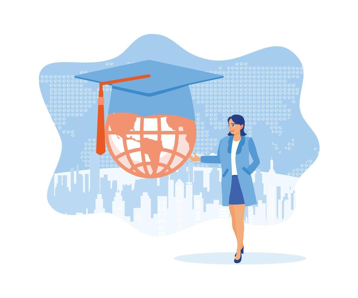 A woman is standing next to Globe with a graduation cap on top. Education in a Global World. Education concept. Flat vector illustration.