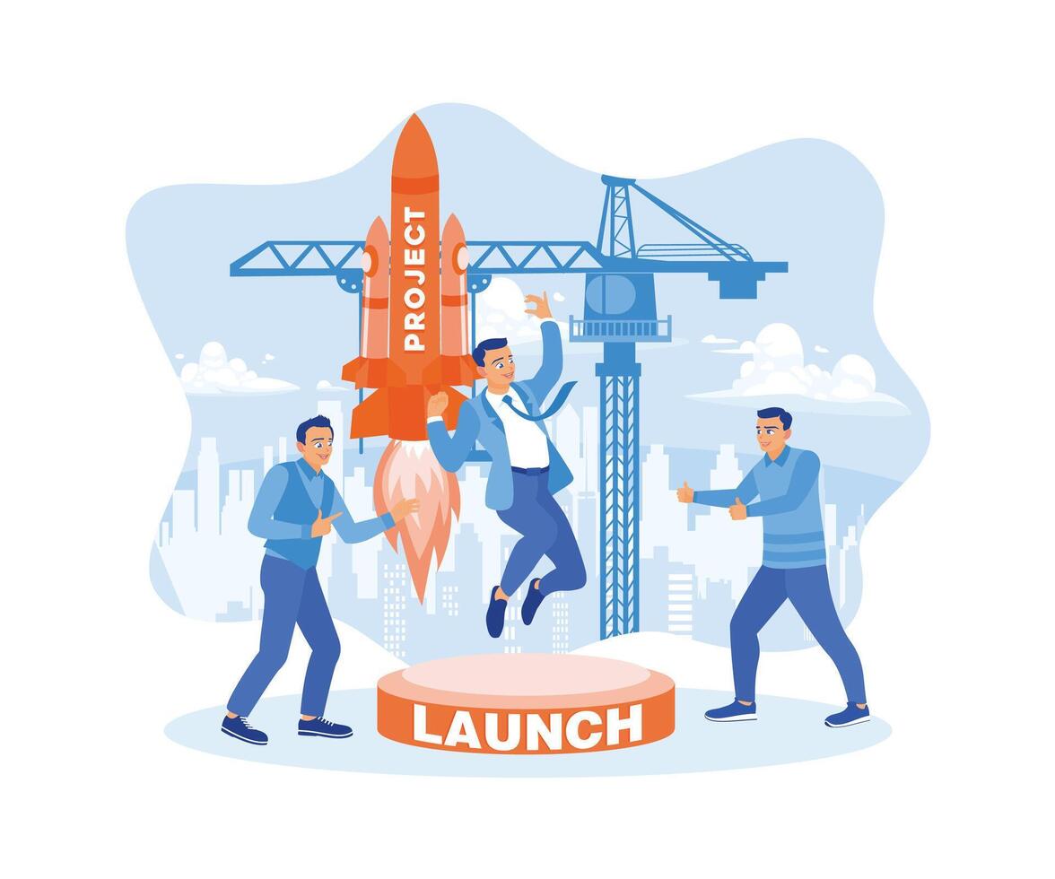 Tres trabajadores comienzo un nuevo negocio proyecto. el cohete lanza dentro el nubes exitoso carrera tomar de concepto. plano vector moderno ilustración