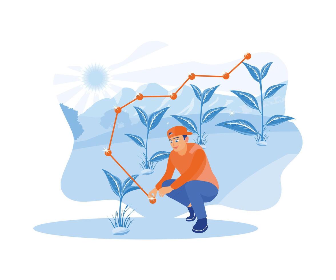 Planting seedlings in the garden in the sun. Plant growth charts show the growth and development of a business. Growth Analysis concept. vector