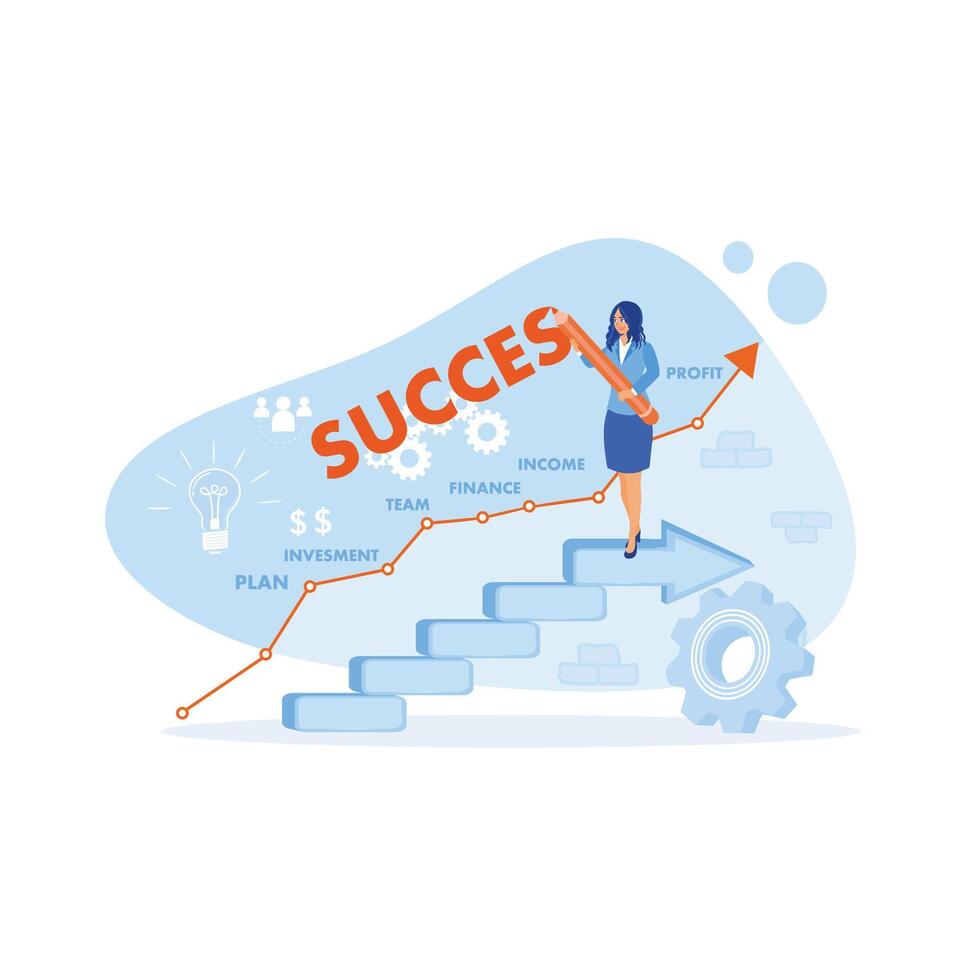 A young woman is at the top of the stairs. Create a business strategy plan for success. Career Development concept. trend flat vector modern illustration