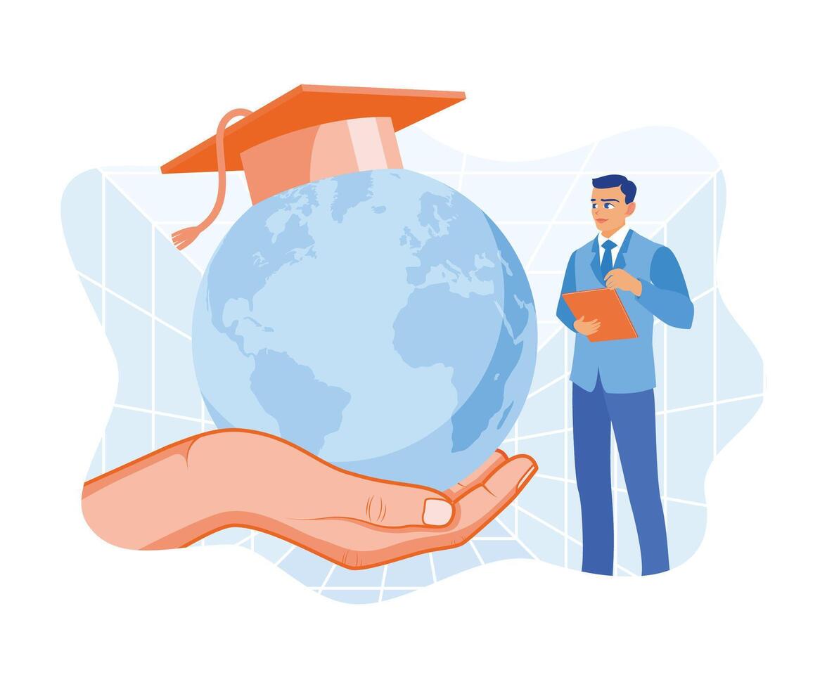 Hand holding a globe with a graduation cap on top. Man using tablet following global business studies. Education concept. flat vector modern illustration