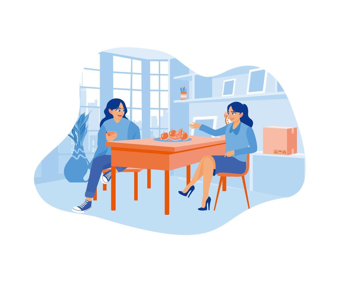 A young woman with long hair browsing her smart phone while having breakfast at home with her friend. Two women enjoying food while relaxing. Smiling woman friends drinking tea at home. vector