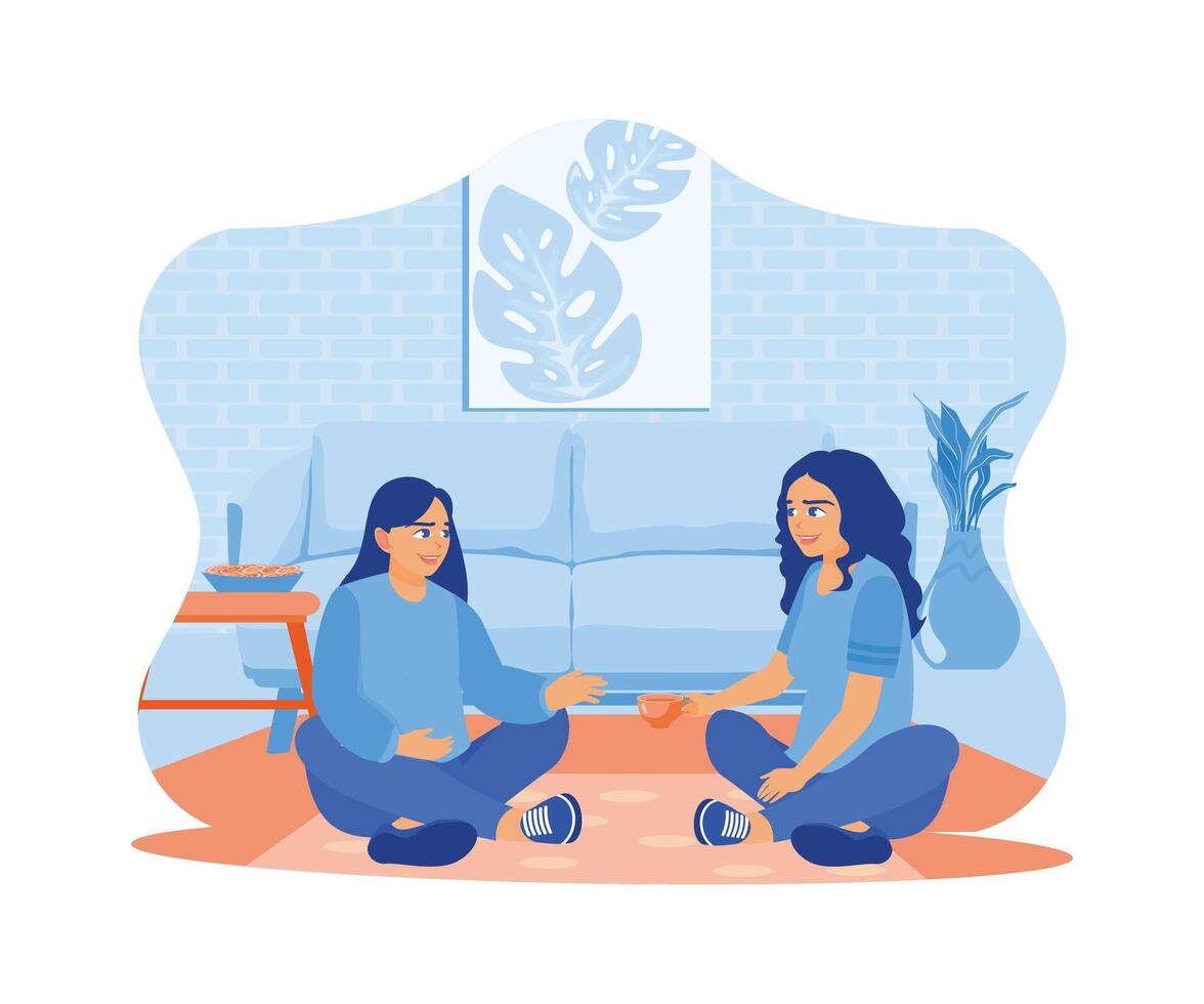 Two female friends are sitting on a sofa on the living room floor. Chat while drinking tea together. Smiling woman friends drinking tea at home concept. Flat vector modern illustration.