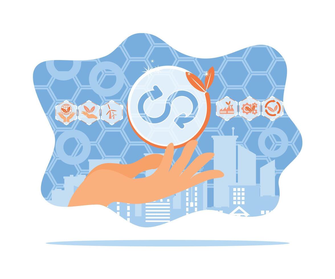 Hand-holding circular economy icon. Efforts to minimize waste and pollution for business growth. Sustainable economic growth with renewable energy and natural resources concept. vector