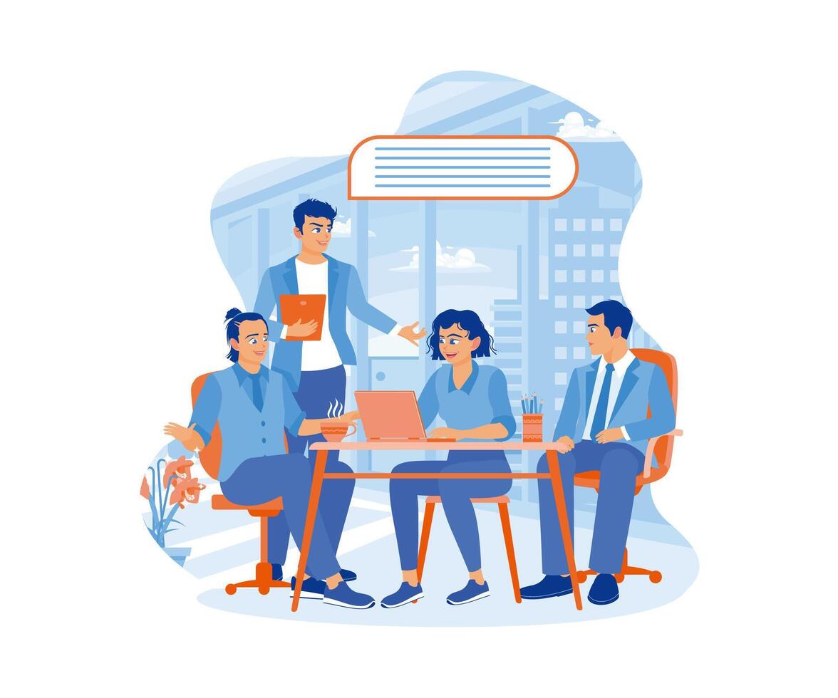 A group of employees are working on laptops in the office. Female worker discussing her work with her colleagues. A team of people is sitting at desks with laptops. flat vector modern illustration
