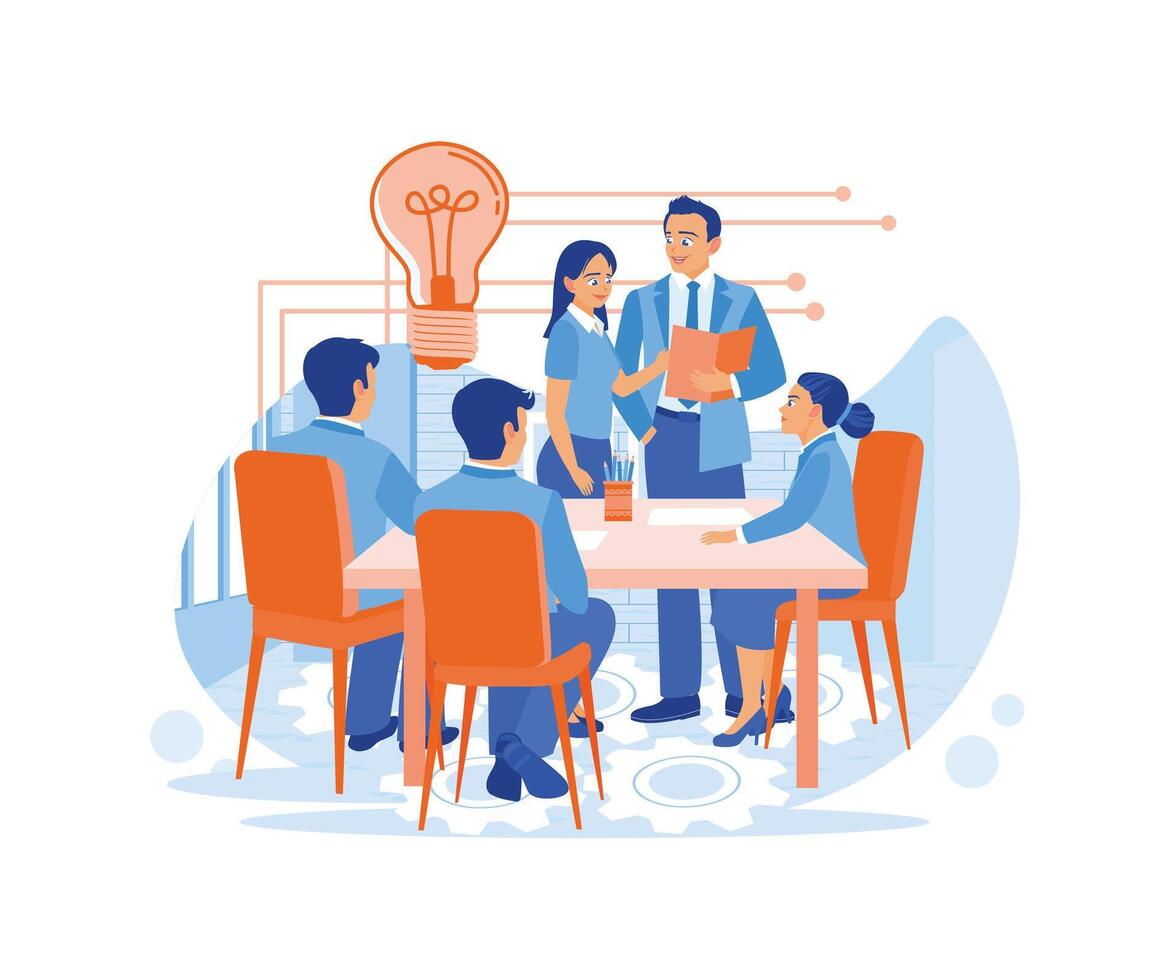 The boss has a meeting with colleagues in the office. Discuss new business ideas and find solutions for new projects. Discuss Information concept. trend flat vector modern illustration