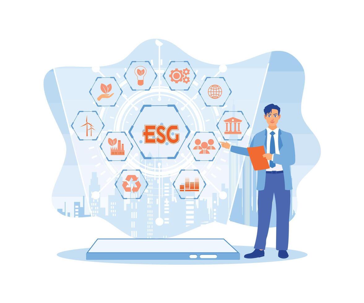 empresario accediendo esg conceptos en virtual pantalla. el esg ambiente social gobernancia inversión negocio concepto es en pantalla. vector