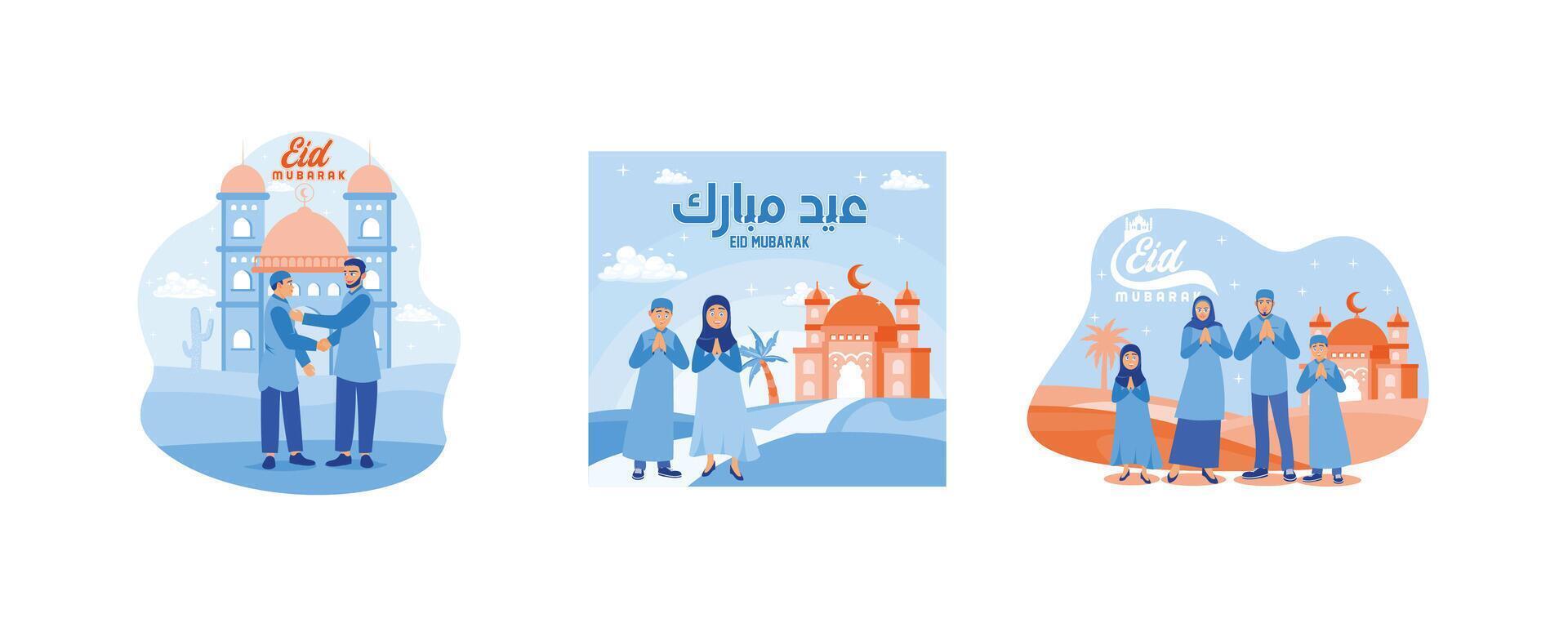 Muslim youth celebrate Eid al Fitr. Wish you a happy Eid. Celebrate Eid al Fitr happily. Happy Eid Mubarak concept. Set flat vector illustration.