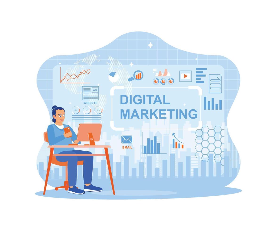 Young man working using smart phone and computer. Analyzing online marketing strategies via social media. Digital Marketing Content concept. trend flat vector modern illustration