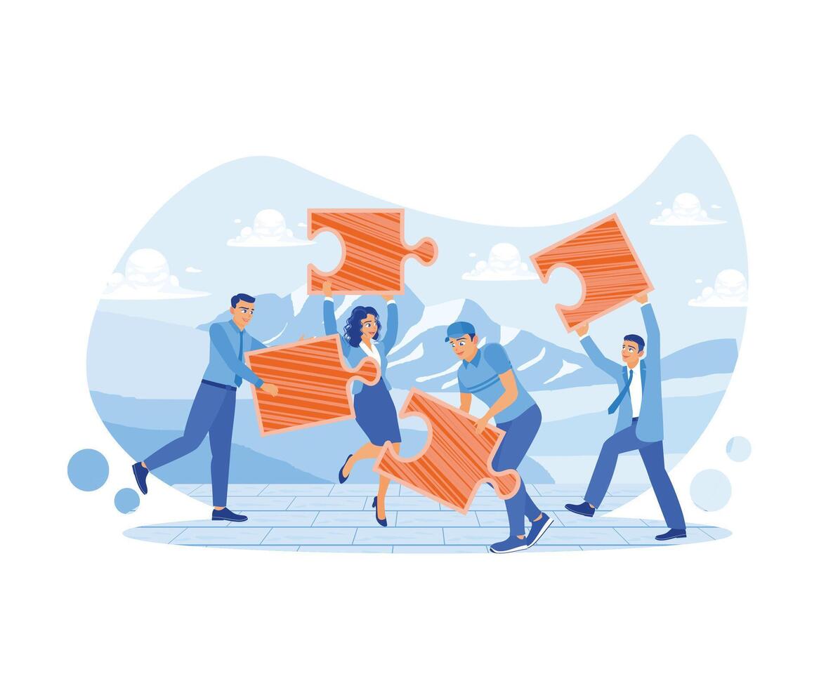 People connect puzzle elements with a puzzle, a symbol of teamwork to achieve success. Team communication. flat vector modern illustration