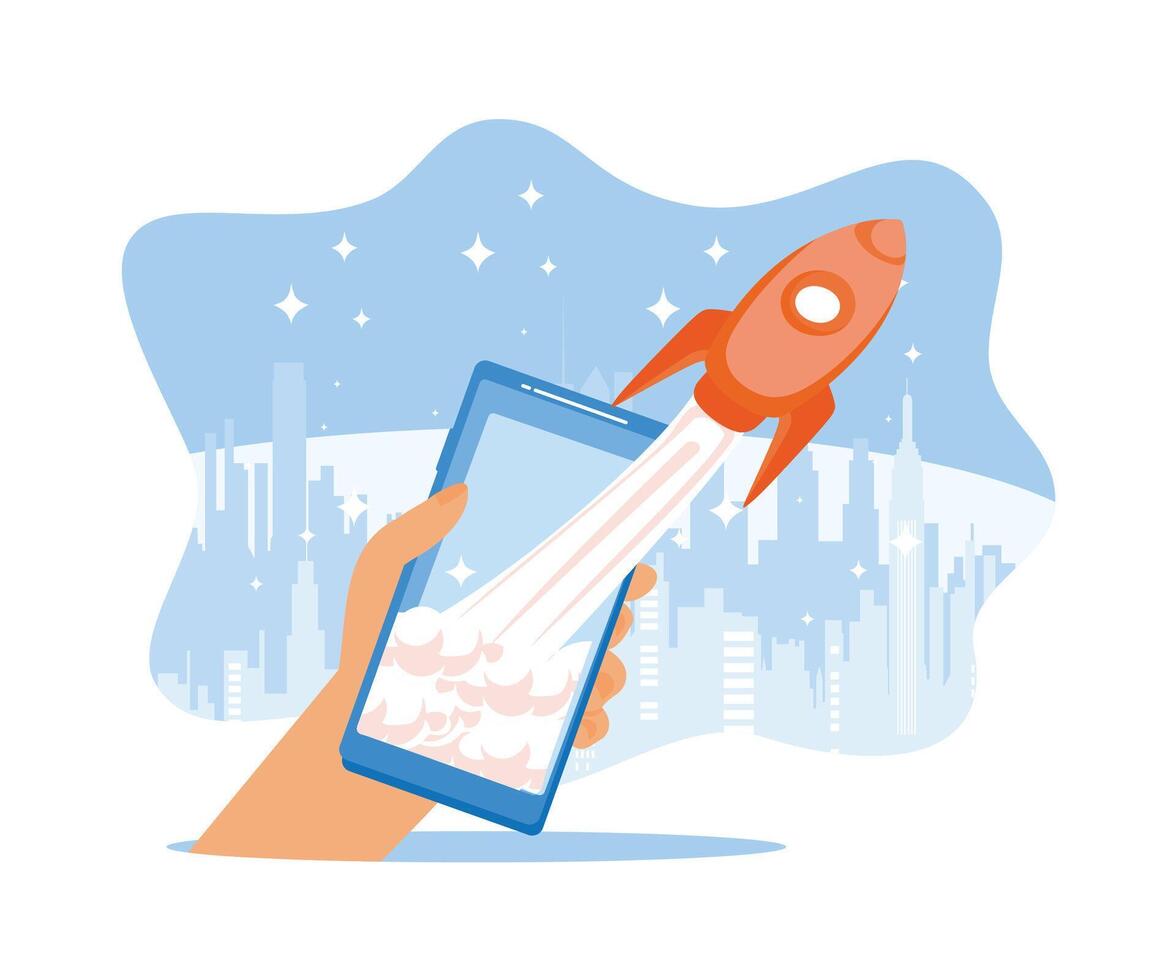 Rocket launches from the phone screen. Start up and new business concept. Businessman holding rocket concept. flat vector modern illustration