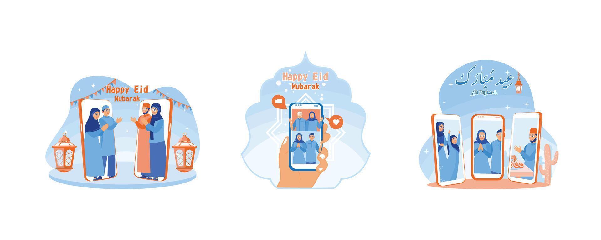 Muslim family celebrates Eid al Fitr happily. Make phone calls to apologize to each other. Forgive each other and celebrate Eid during a video call. Happy Eid Mubarak concept. vector