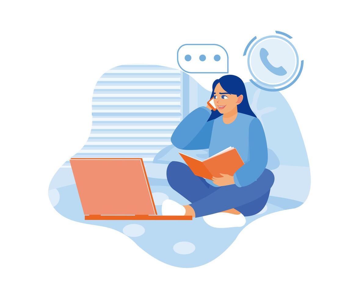 A beautiful girl is sitting on the bed, reading a book and making a call from her smartphone. Woman with phone calling to customer support service concept. flat vector modern illustration