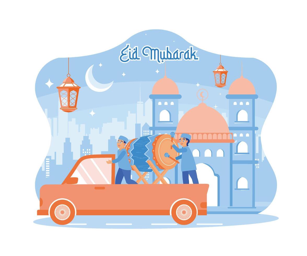 Niños realizar takbir en el víspera de eid al-fitr. ellos golpear el tambor y leer el takbir alrededor el pueblo por coche. contento eid Mubarak concepto. plano vector moderno ilustración