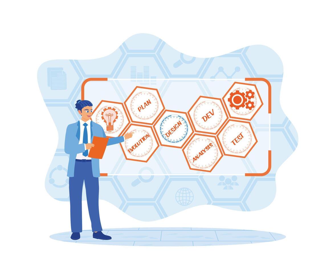 Businessman using notebook and internet. Developing software on virtual screens. Software developers concept. Flat vector illustration.