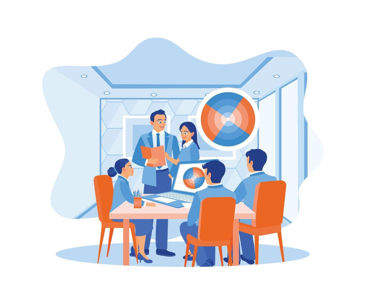 A group of designers gathered in a meeting room. Brainstorming UI and UX designs for mobile applications. APP devs concept. Flat vector illustration.