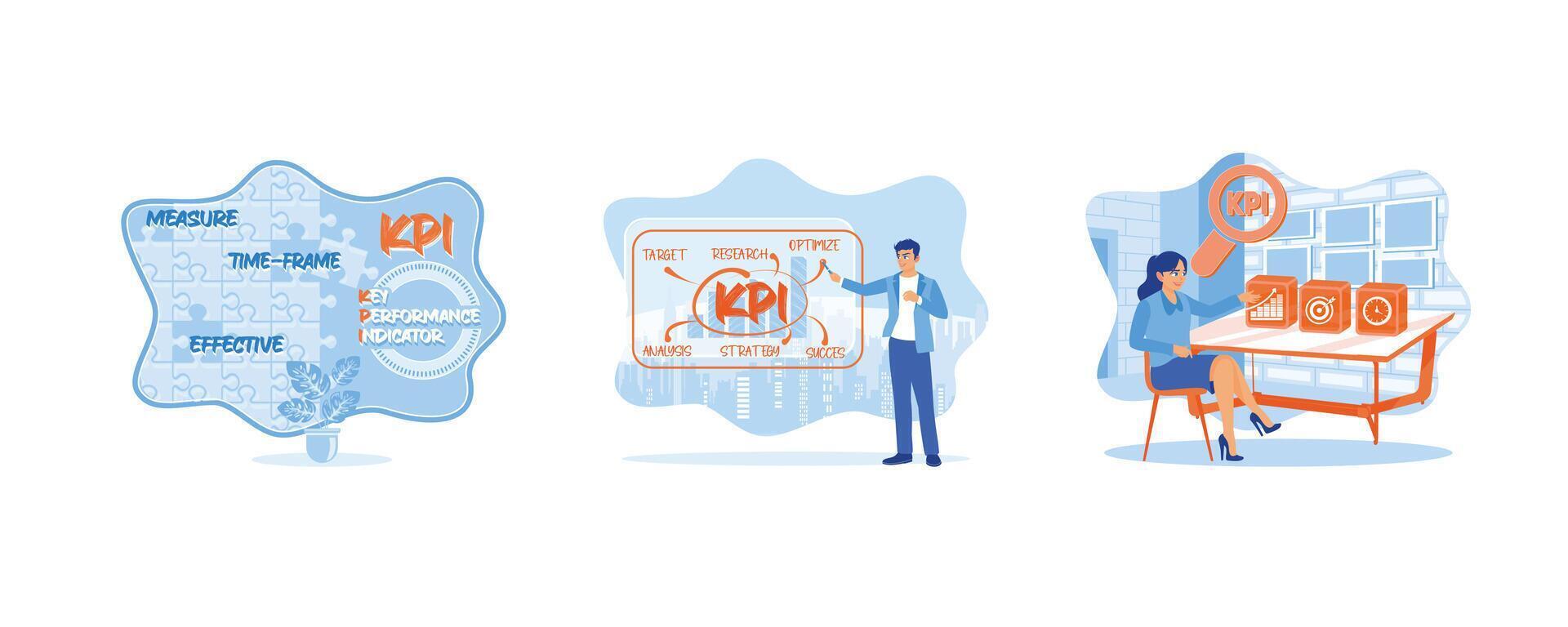 Businesswoman with KPI text on wooden blocks. vector