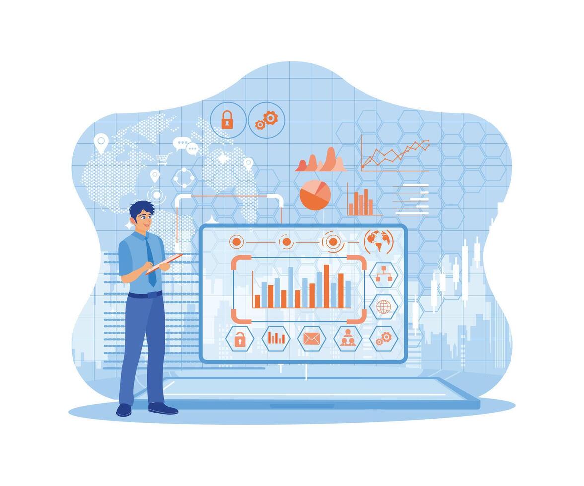 Programmer using a digital tablet computer to analyze and develop software on a futuristic virtual interface screen. Business intelligence technology and big data concept. vector