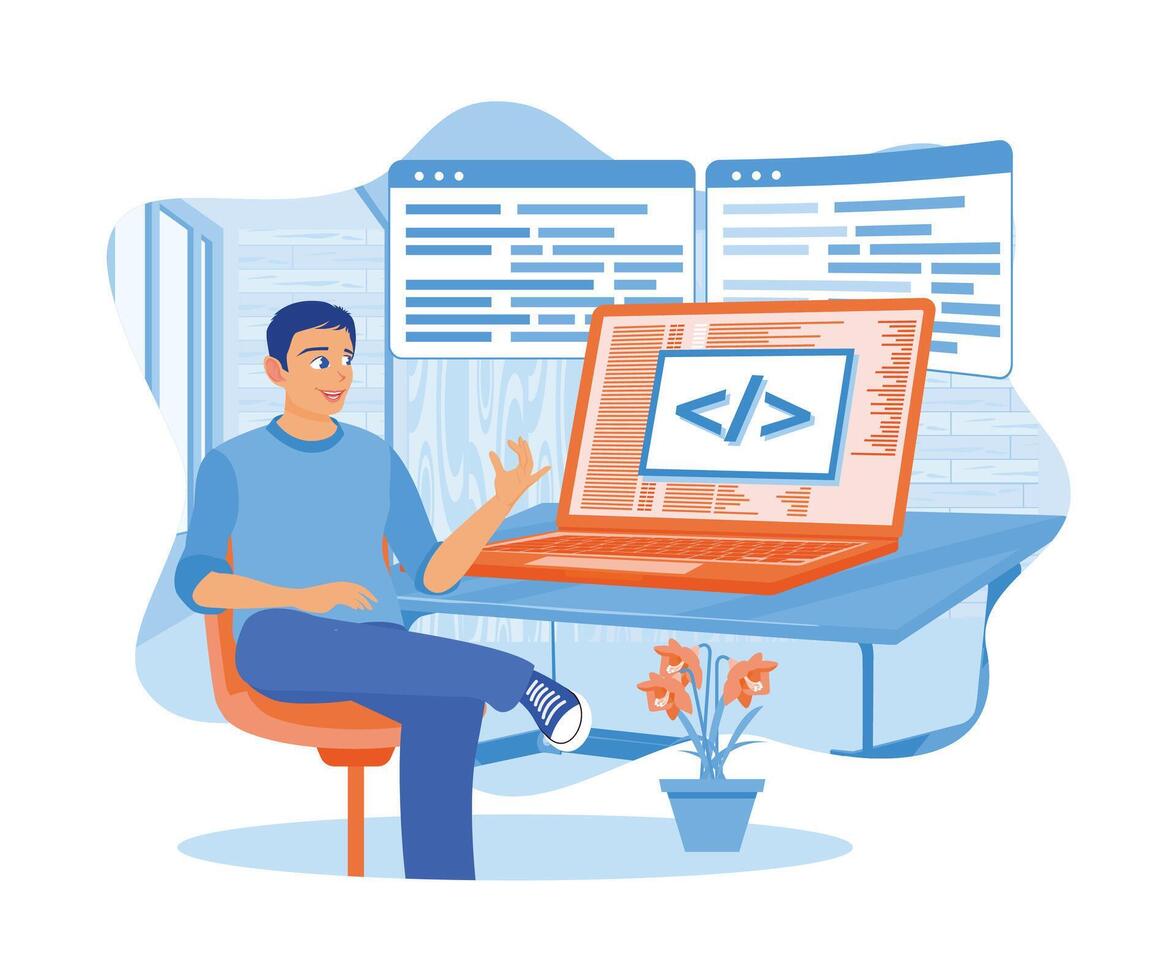 A male designer is developing programming and coding technology on laptop screens. A man works in a software development company. Software developers concept. Flat vector illustration.