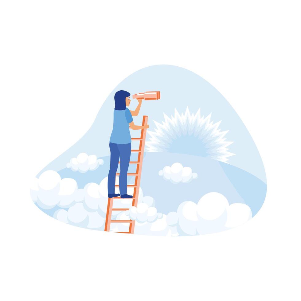 A woman standing on stairs looking into the distance using a telescope with sunrise in the background. Career Development concept. trend flat vector modern illustration