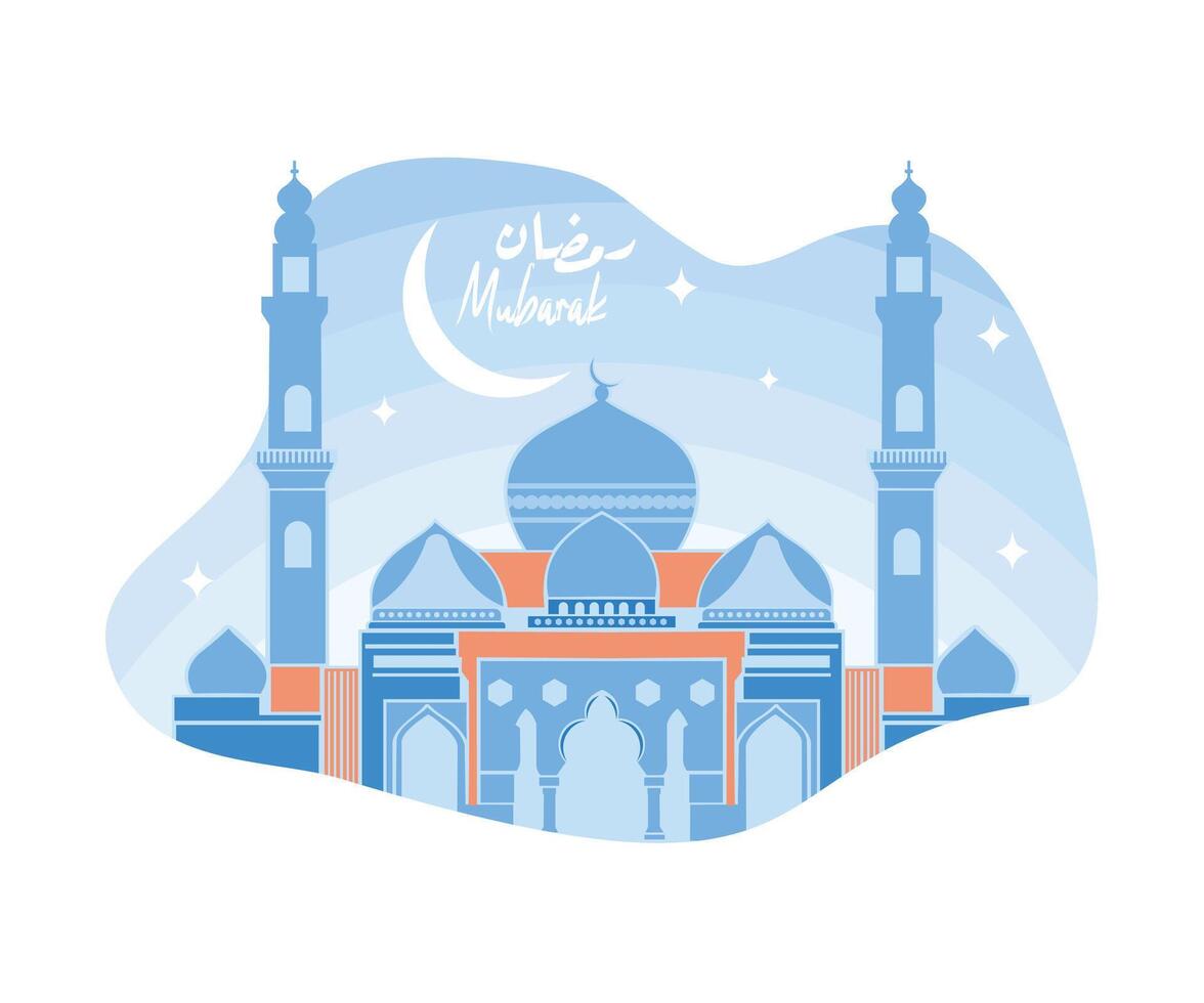 A magnificent mosque building with the words Ramadan Mubarak and a crescent moon. Muslim holy month. Ramadan Kareem concept. vector