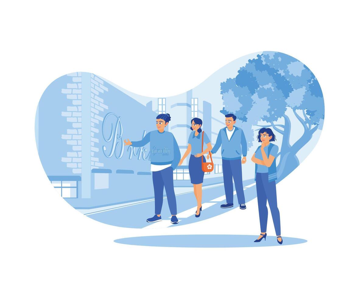 Tourists listen to the explanation of a graffiti tour guide. Explains culture and customs. Tourist Guide concept. Trend Modern vector flat illustration