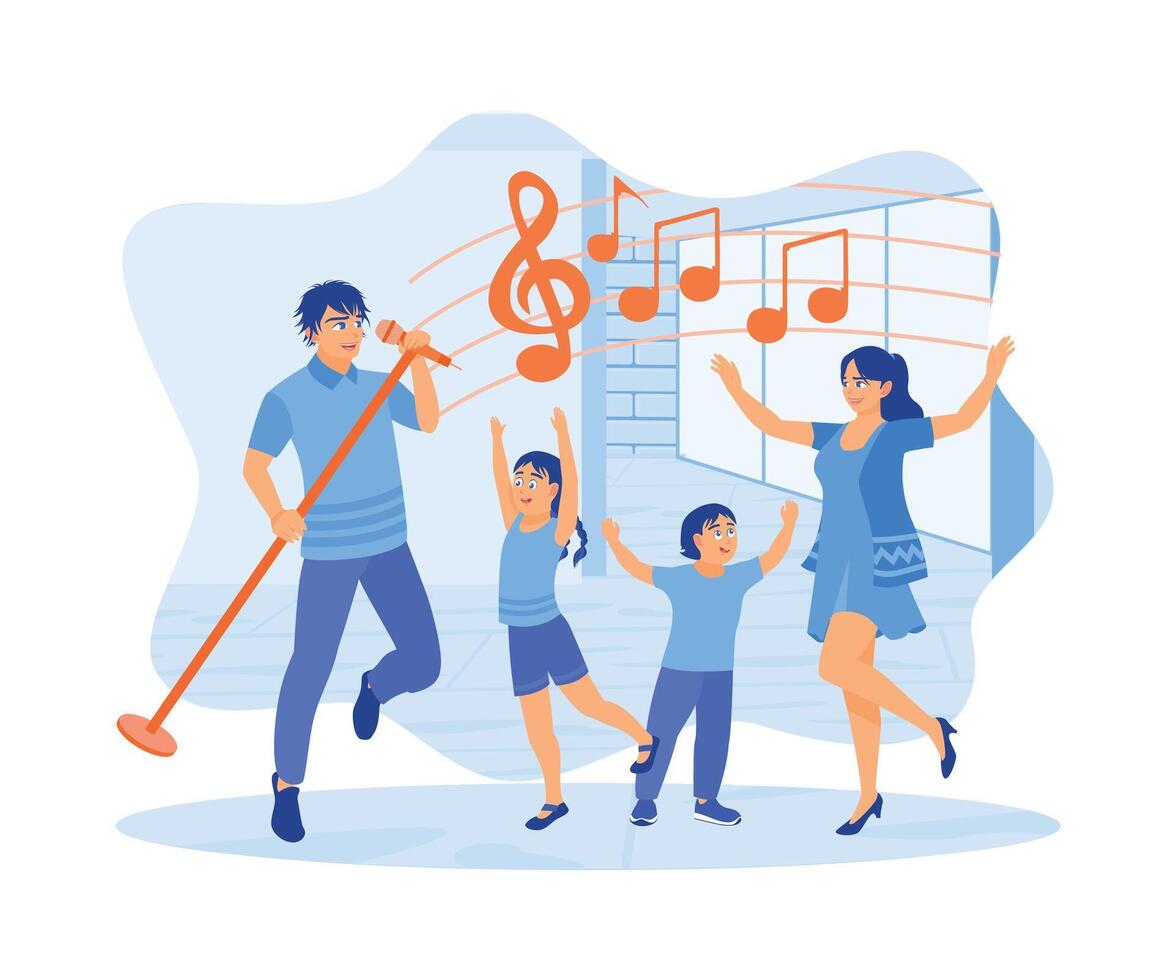 padre, madre y dos niños canta y danza juntos en el vivo habitación. gasto hora juntos a hogar. un Pareja de feliz, gracioso padre conceptos. plano vector ilustración.