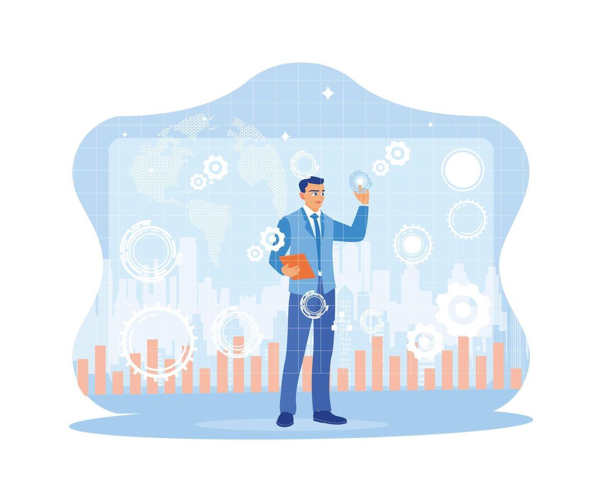 Businessman standing against an abstract cityscape background. Using tablets with digital business interfaces globally. Concept of hi-tech and communication. vector