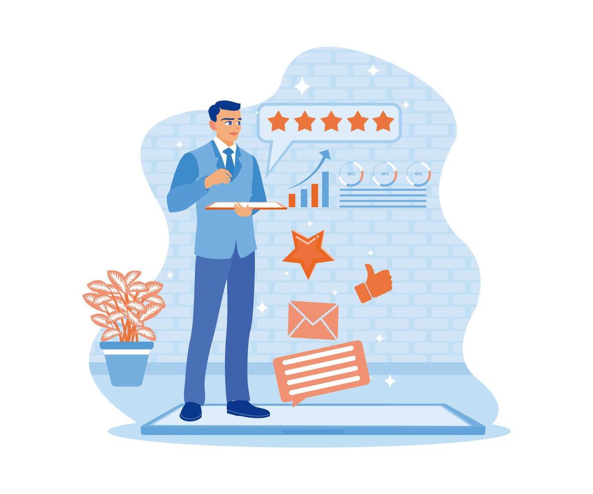 Entrepreneurs provide reviews and feedback on company performance by giving five stars. Benchmarking concept. flat vector modern illustration