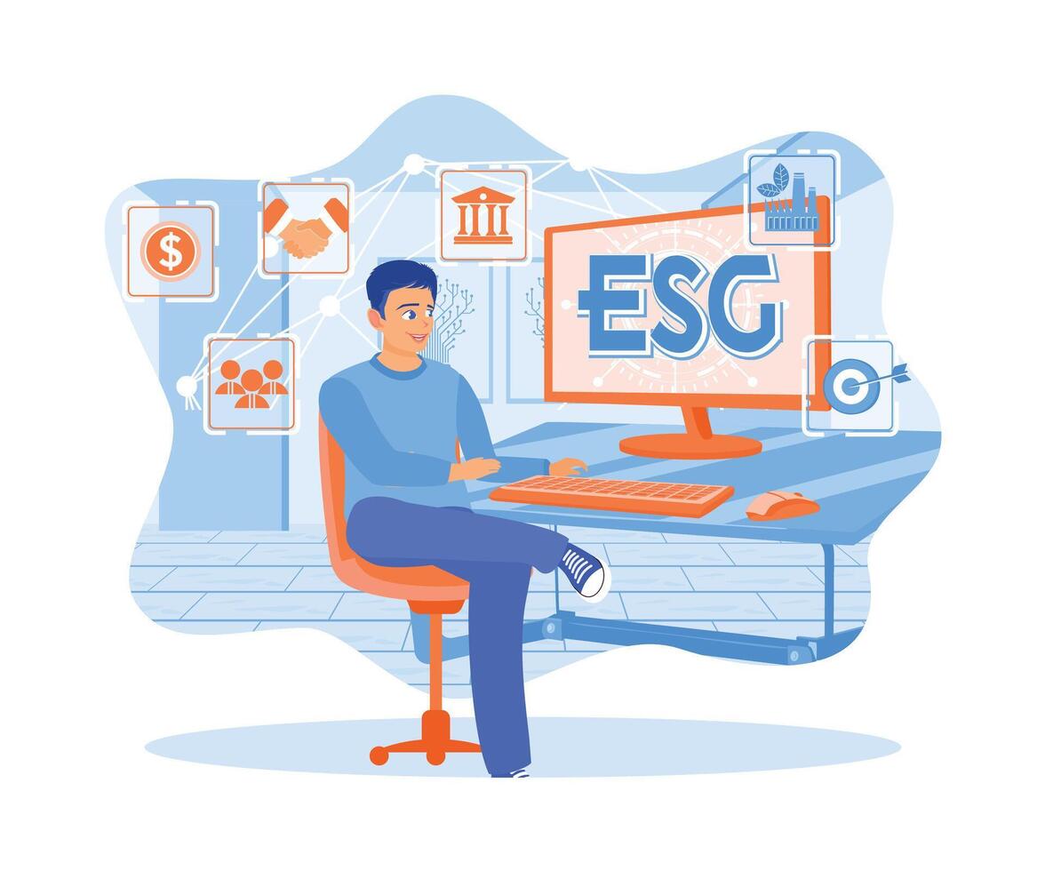 The man is sitting analyzing investment concept business strategy governance social environment ESG. Sustainable economic growth with renewable energy and natural resources concept. vector