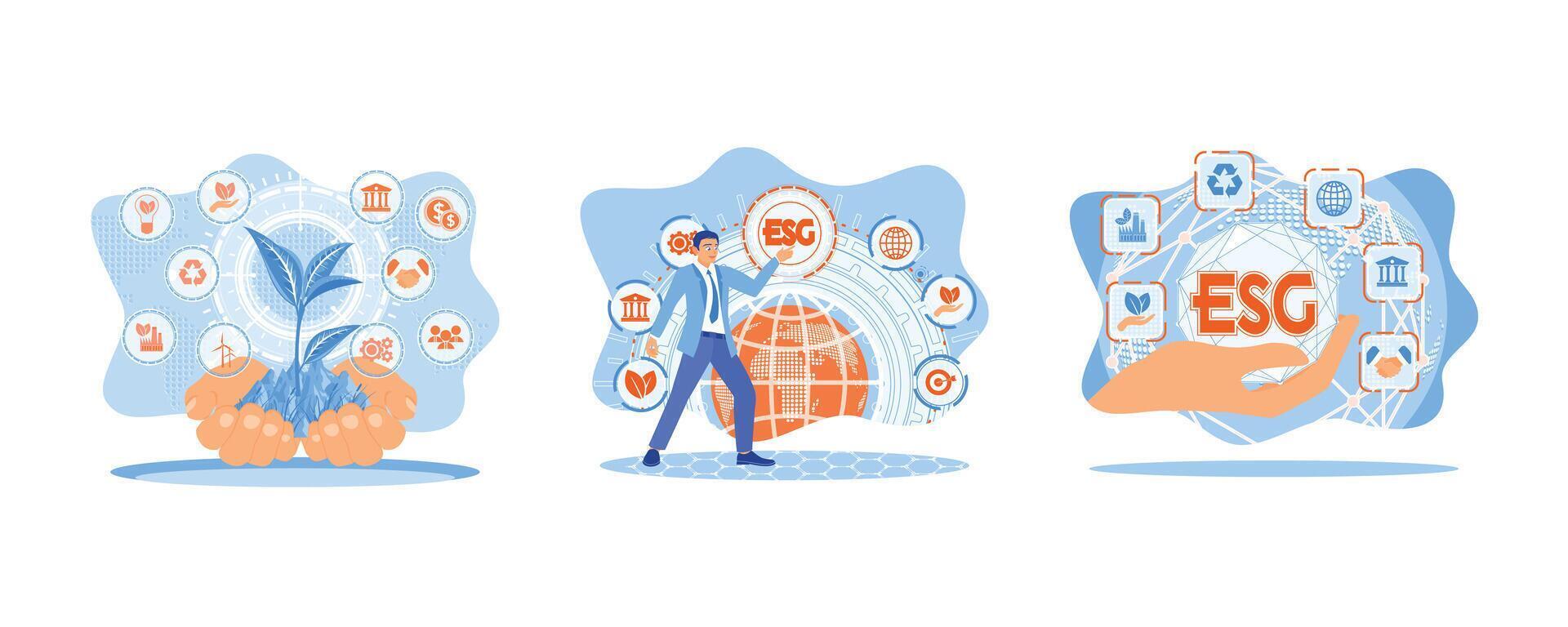 Renewable resources. ESG environmental social governance business strategy investing concept. Businessman pressing button on screen.  set flat vector modern illustration