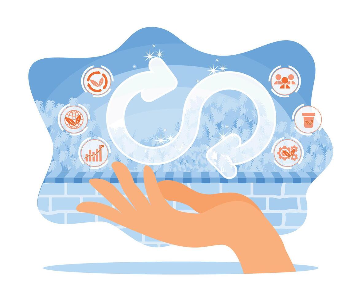 Hand-holding circular economy icon. Concept of sustainable business growth and environment in the future. Sustainable economic growth with renewable energy and natural resources concept. vector